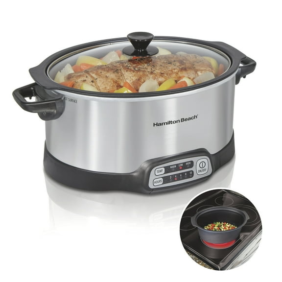 Hamilton Beach 6 Qt Programmable Slow Cooker, Stovetop Safe Nonstick Aluminum Crock with Removable Pot, Stainless Steel