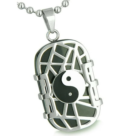 - Amulet Cosmic Balance Energy Yin Yang Dog Tag Simulated Black Onyx Pendant 22 Inch Necklace