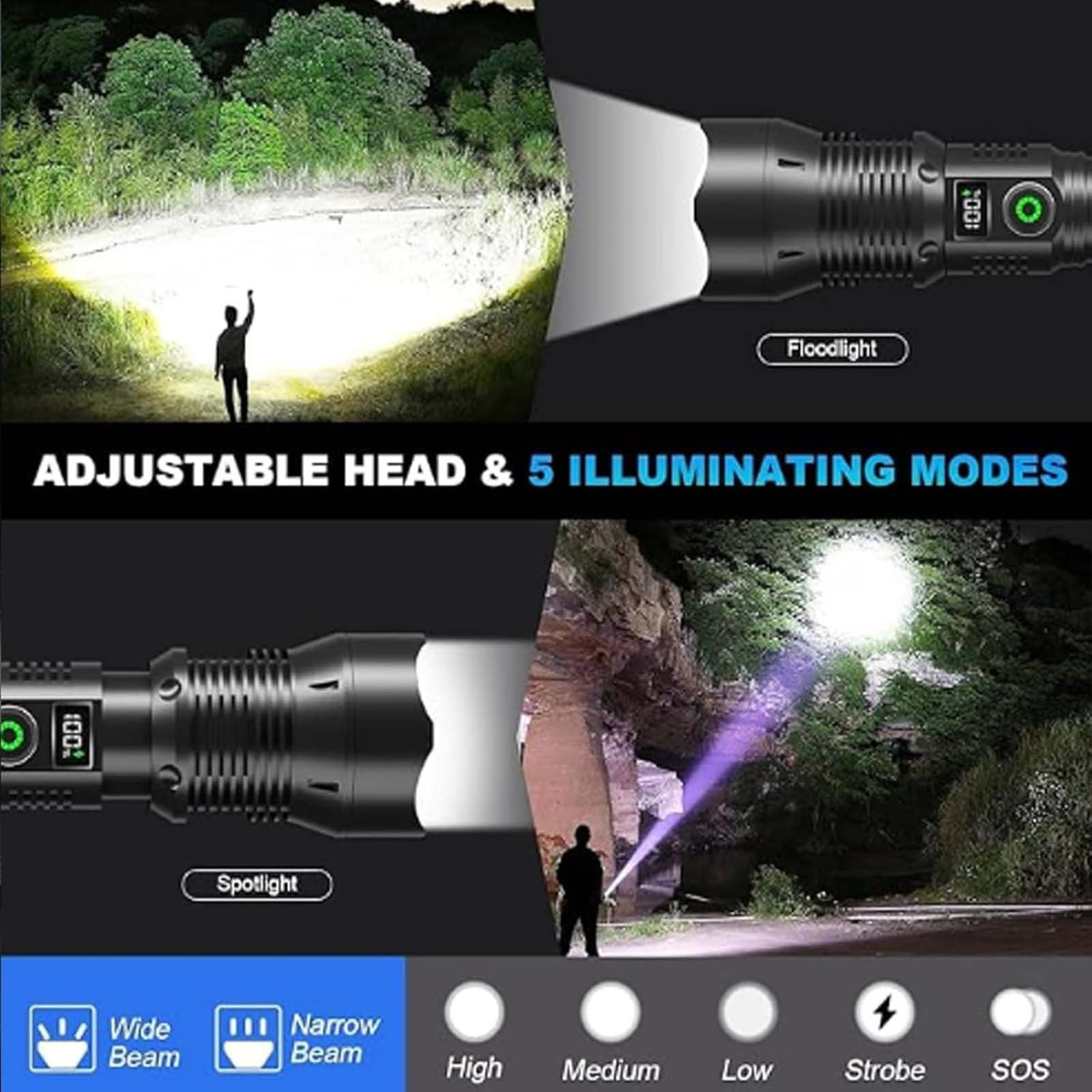 Rechargeable Tactical Flashlights High Lumens - Super Bright LED Powerful Flash Light, Zoomable with LCD Digital Display, 5 Mode, Waterproof, Powerful Tactical Flashlight for Emergencies Camping