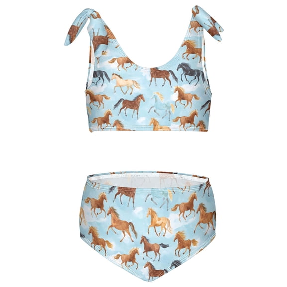 joogoo Girls 2 Piece Running Horse Blue Print Swimsuit Set Kids with Adjustable Straps Bathing Suit Summer Beach Pool Swimwear for 7-8T