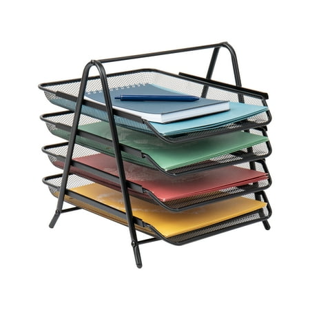 Mind Reader 4-Tier Paper Tray Organizer, Desktop File Sorter with Handle, Document Storage, Slide-Out Trays, Metal Mesh, Black