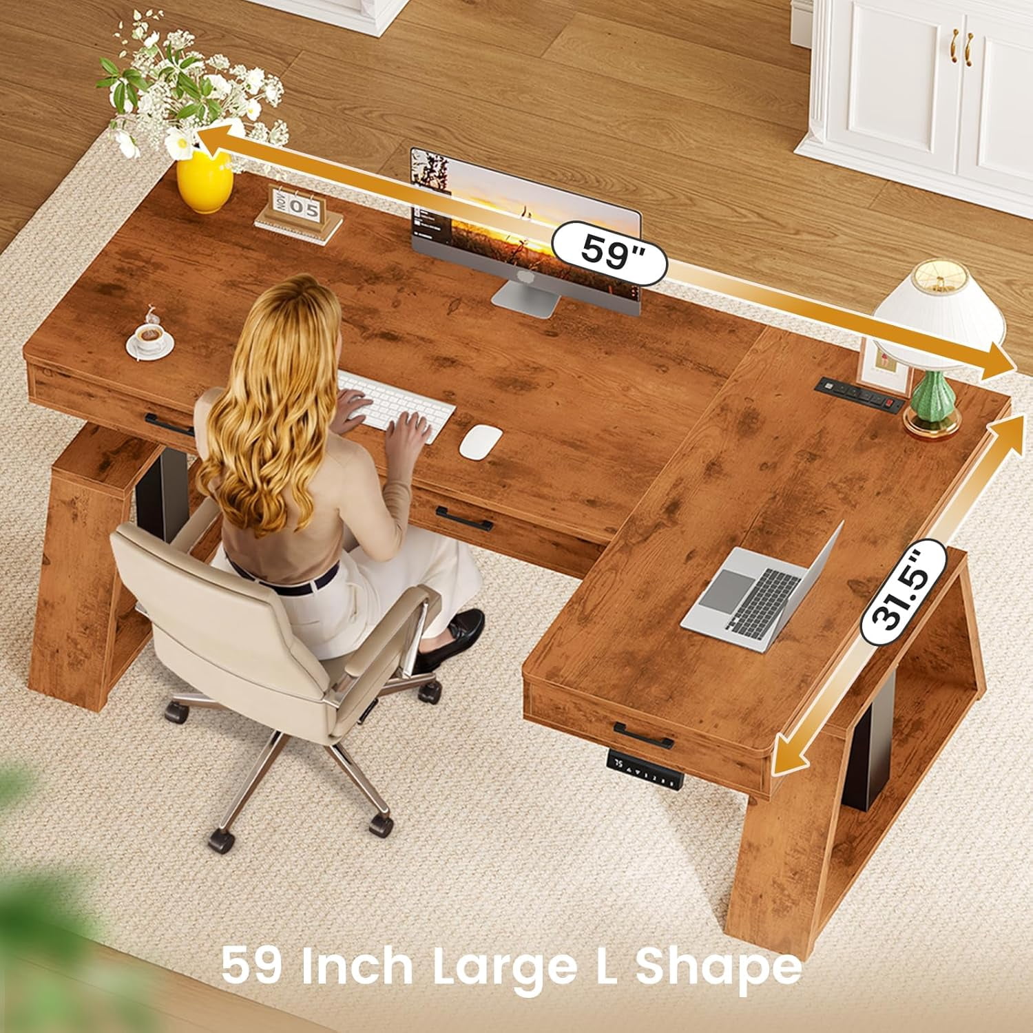 Modern Standing Desk with Drawers, Height Adjustable Computer Desk with Power Outlets, LED Lights & Monitor Stand, Stand Up Corner Gaming Desk, Home Office Desk with Storage, Rustic Brown