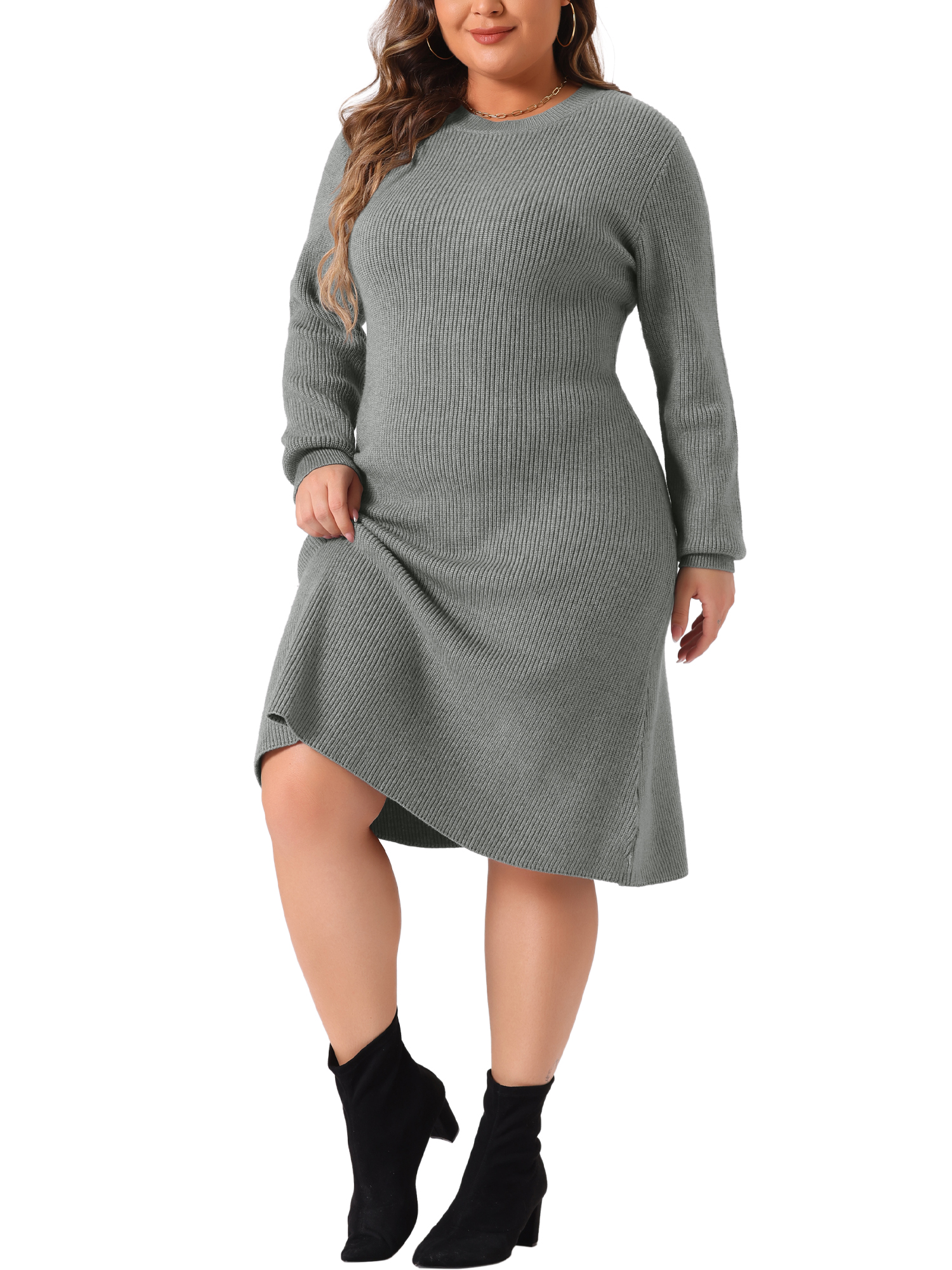 DARING DIVA Plus Size Sweater Fall Crew Neck Long Sleeve Dress 2X Gray