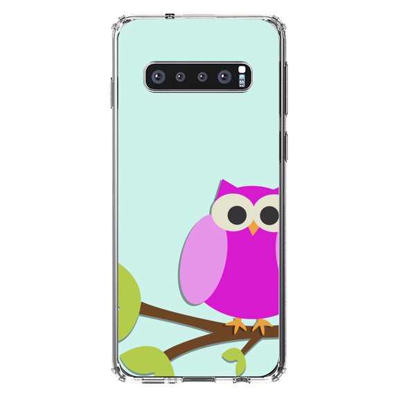 DistinctInk Clear Shockproof Hybrid Case for Samsung Galaxy S10 (6.1" Screen) - TPU Bumper, Acrylic Back, Tempered Glass Screen Protector - Pink Owl Cartoon - Cartoon Owls