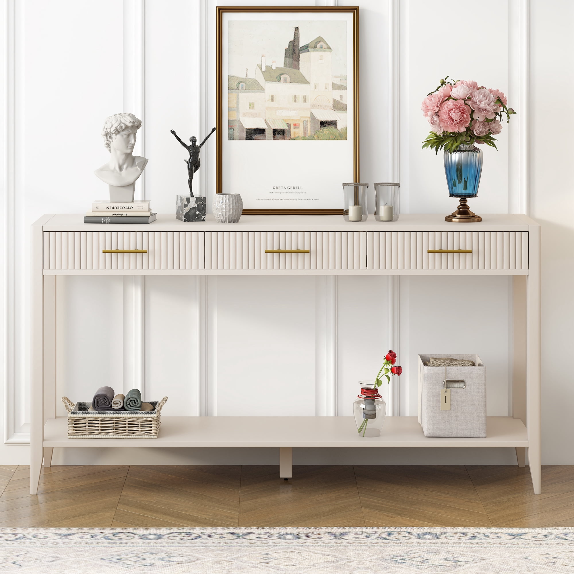 60" Painted Console Table with 3 Drawers,Wooden Entryway Table with Storage Shelf, Farmhouse Sofa Table for Living Room, Hallway,Entryway, Foyer, Corridor(Beige)