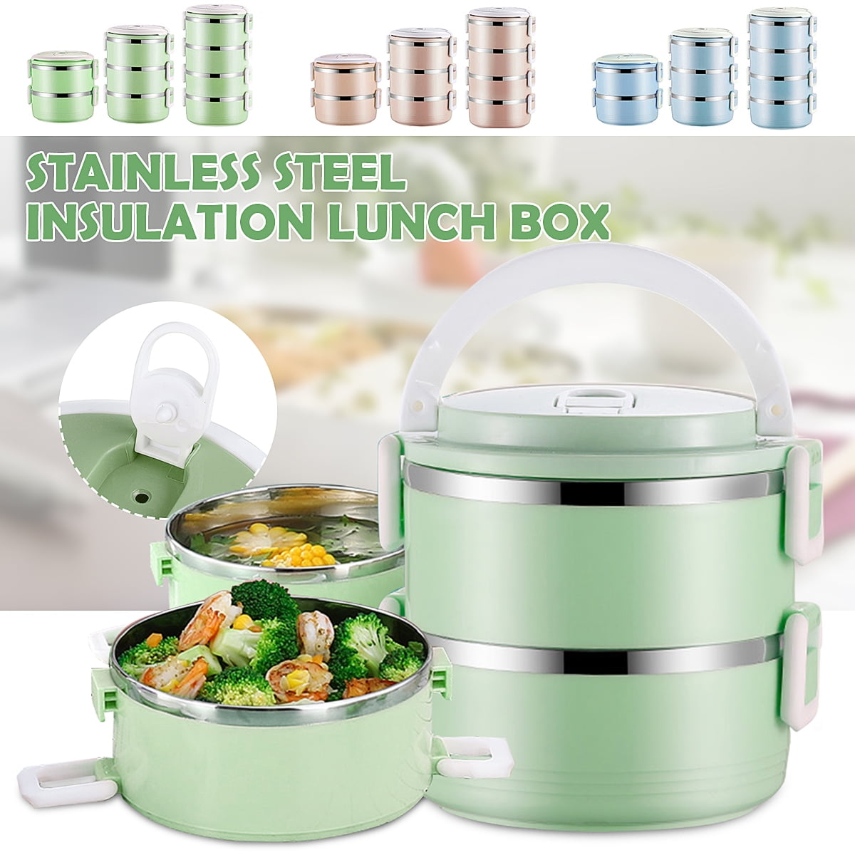 Portable Thermal Insulated Round Lunch Box Stainless Steel Bento Food Container 