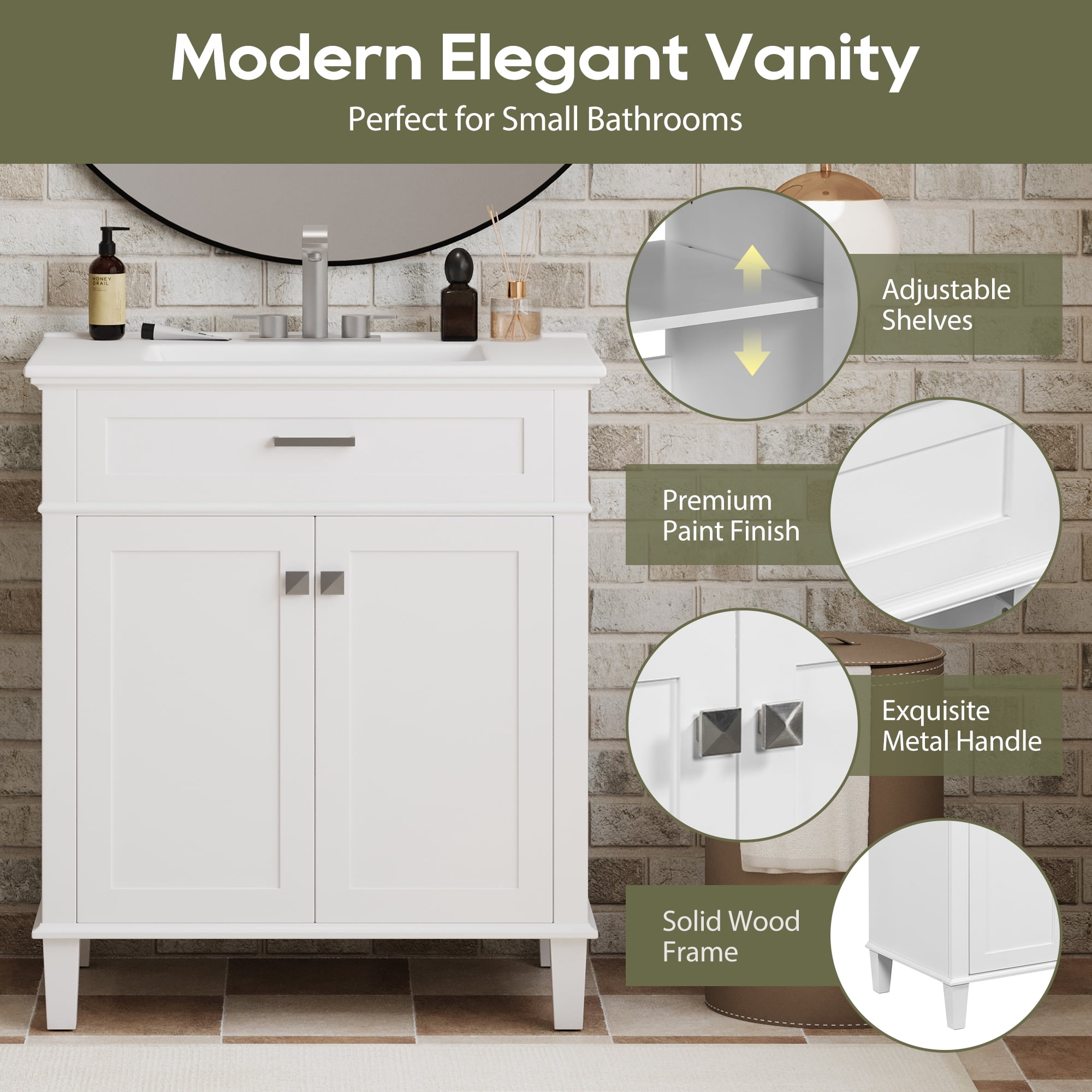 Euroco 30-inch bathroom vanity with ceramic basin, soft close door and adjustable shelves
