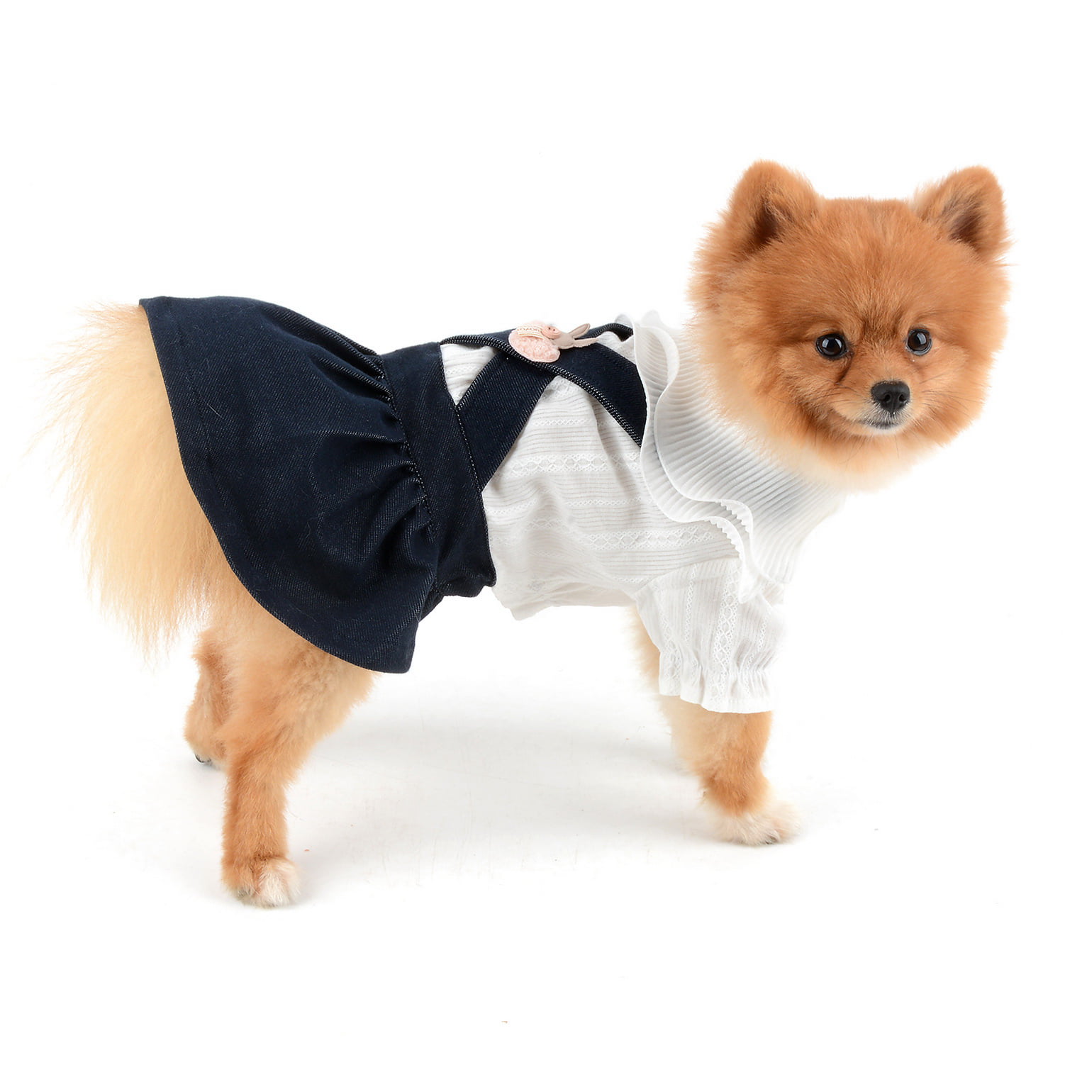 SMALLLEE_LUCKY_STORE Small Dog/Cat Clothes Girls Pet Strap Denim Dress Ruffle Collar Blouse Shirt Puppy Summer Outfits