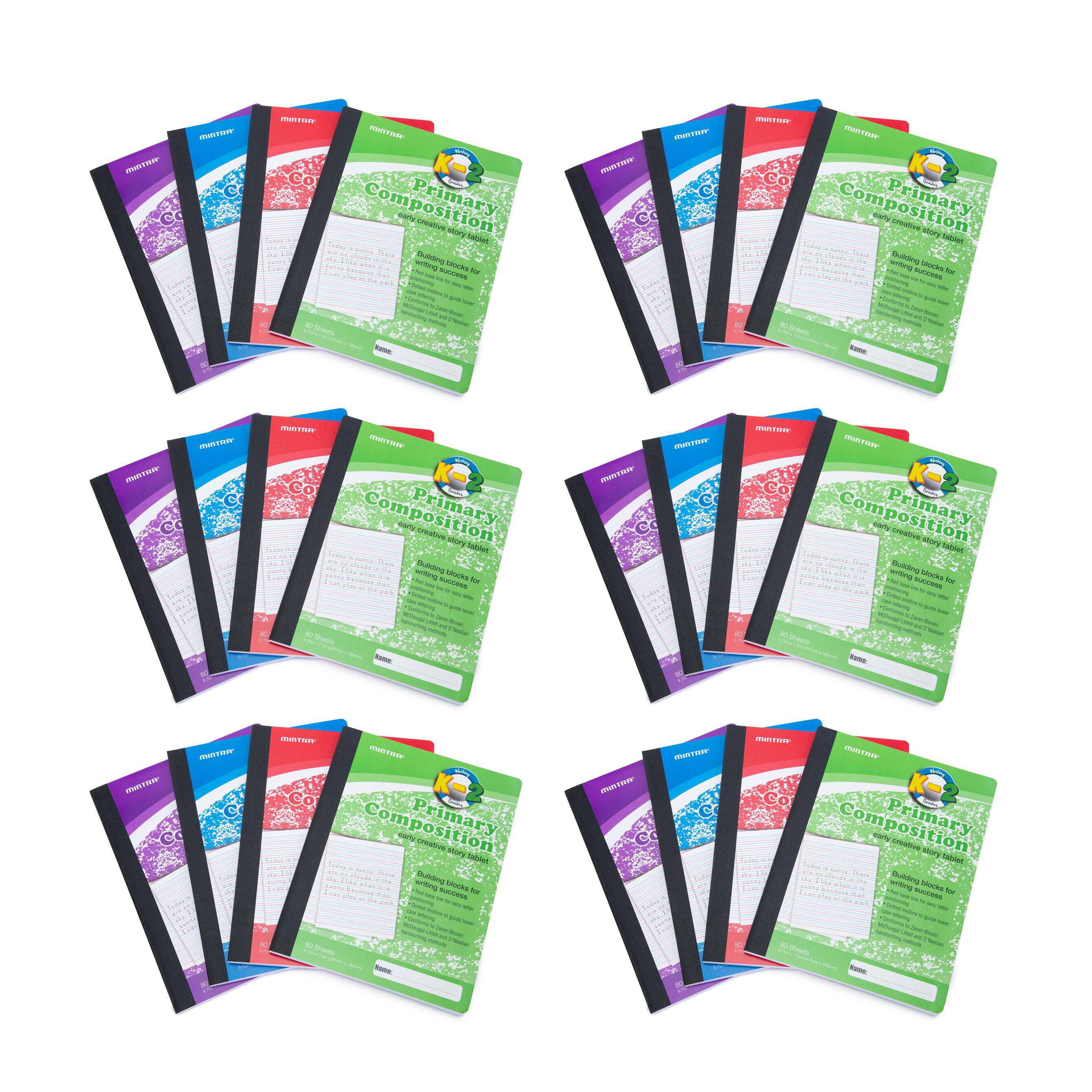Mintra Primary Composition Notebook 24pk/Case - Full Page - Assorted - Flexible Hardcover - 10146 (09271) - 80 Sheets