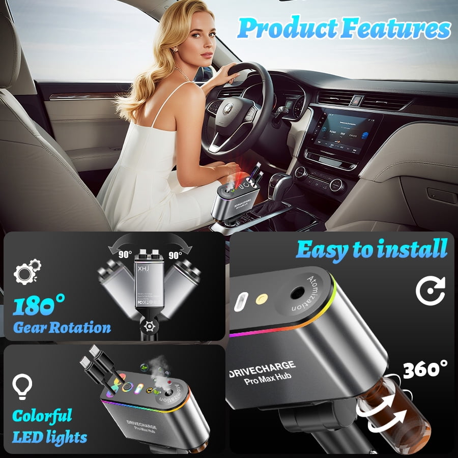 Retractable Car Charger 5 in 1 power adapter, starlight car charger with Car Aromatherapy, 45W car phone charger USB C Fast Charging for iPhone 16 15 14 & Android