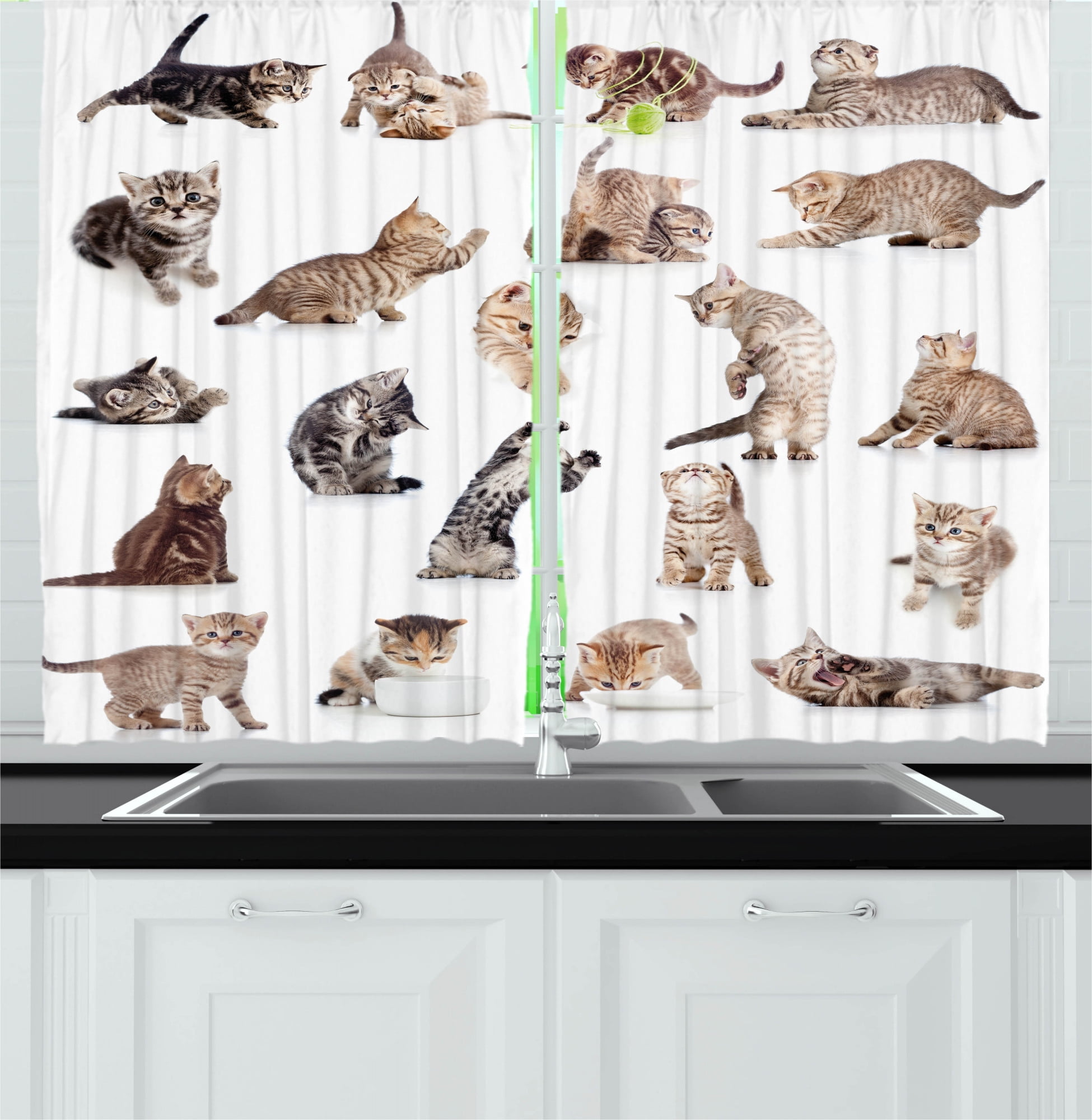 Cat Kitchen Curtains, Illustration of Funny Playful Cats on Plain