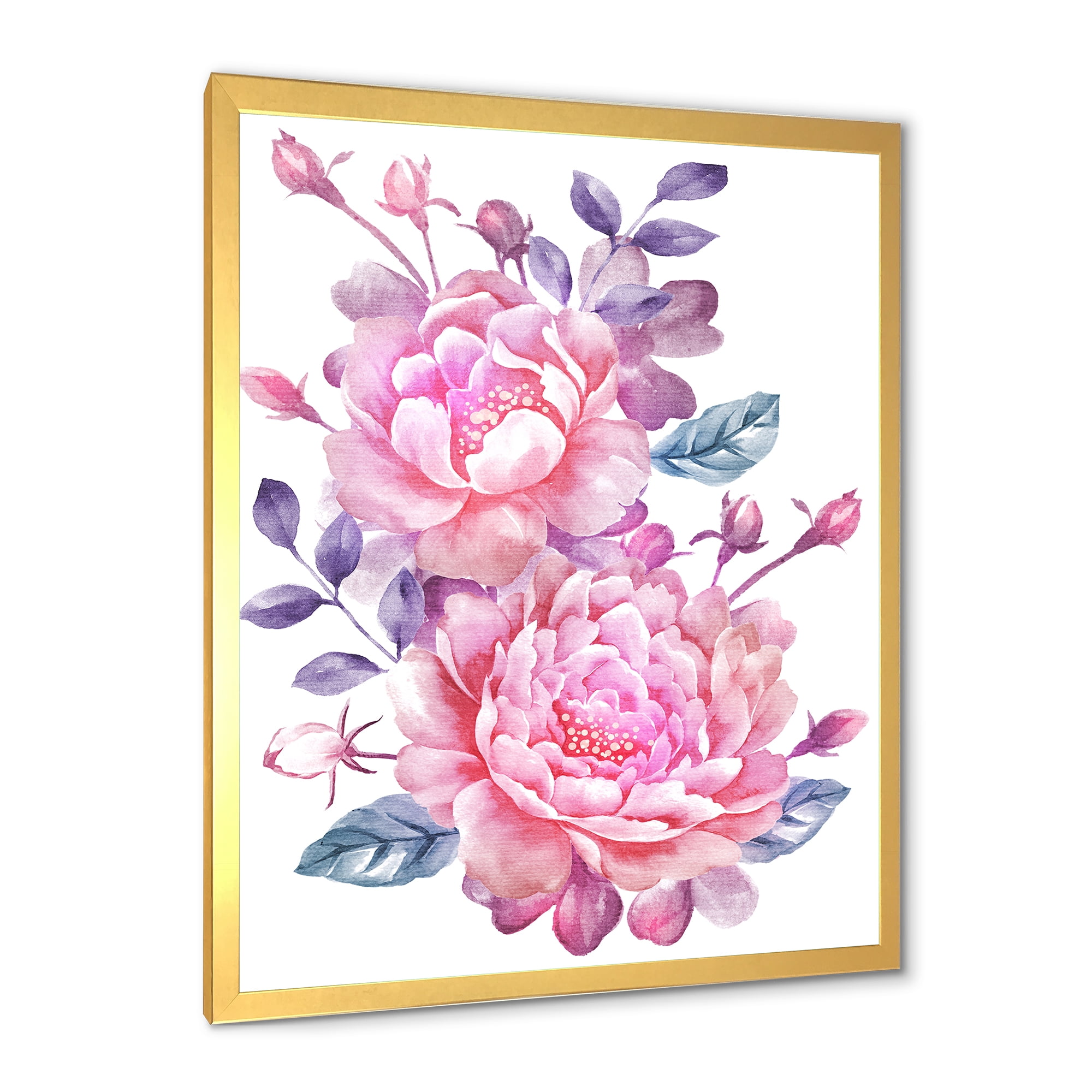 Designart 'Pink Retro Flowers With Blue Leaves On White' Traditional Framed Art Print