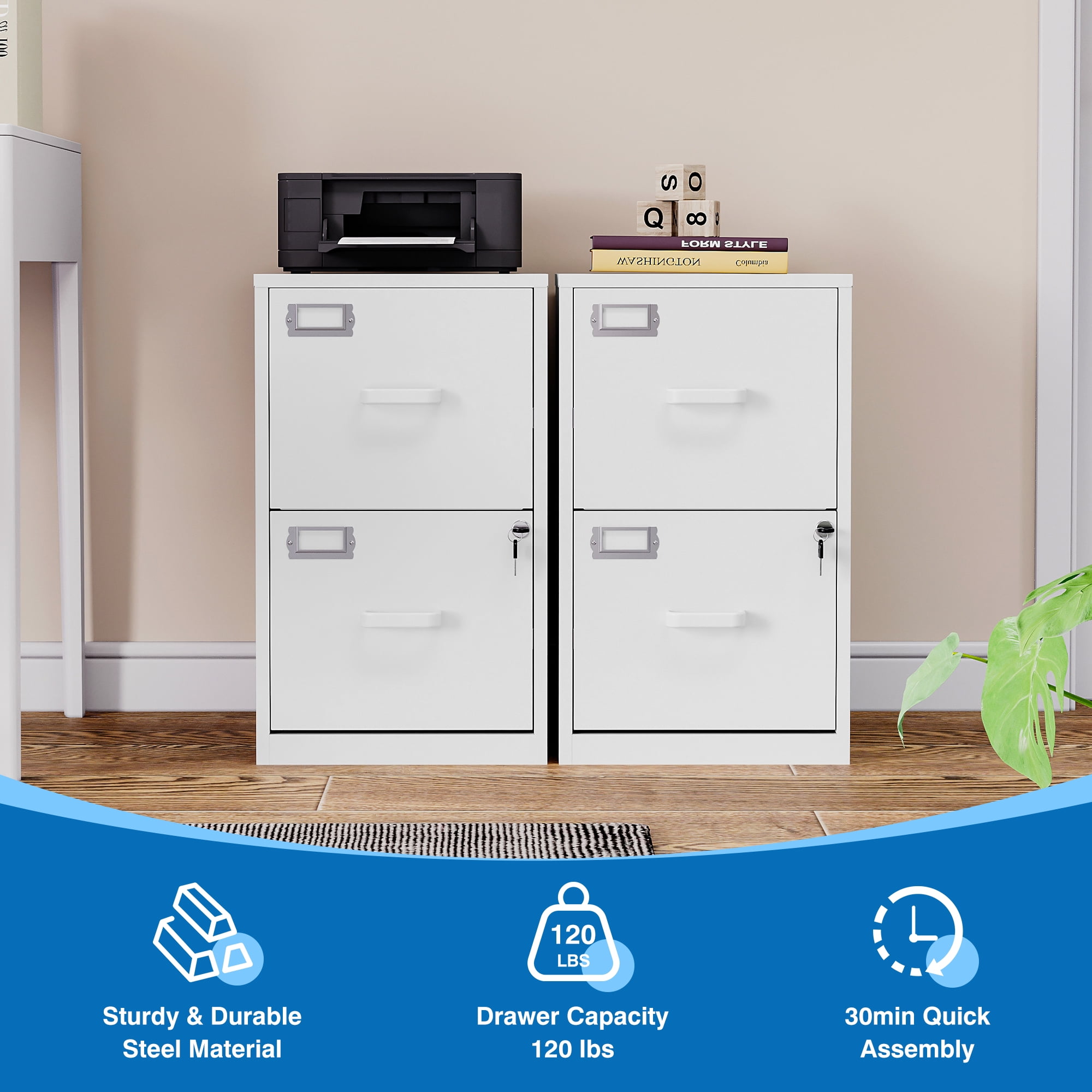 Fesbos 2 Drawer File Cabinet with Lock,Metal Office Filing Cabinets for Home Office,Storage A4/F4/Letter, Easy Assemble (White）