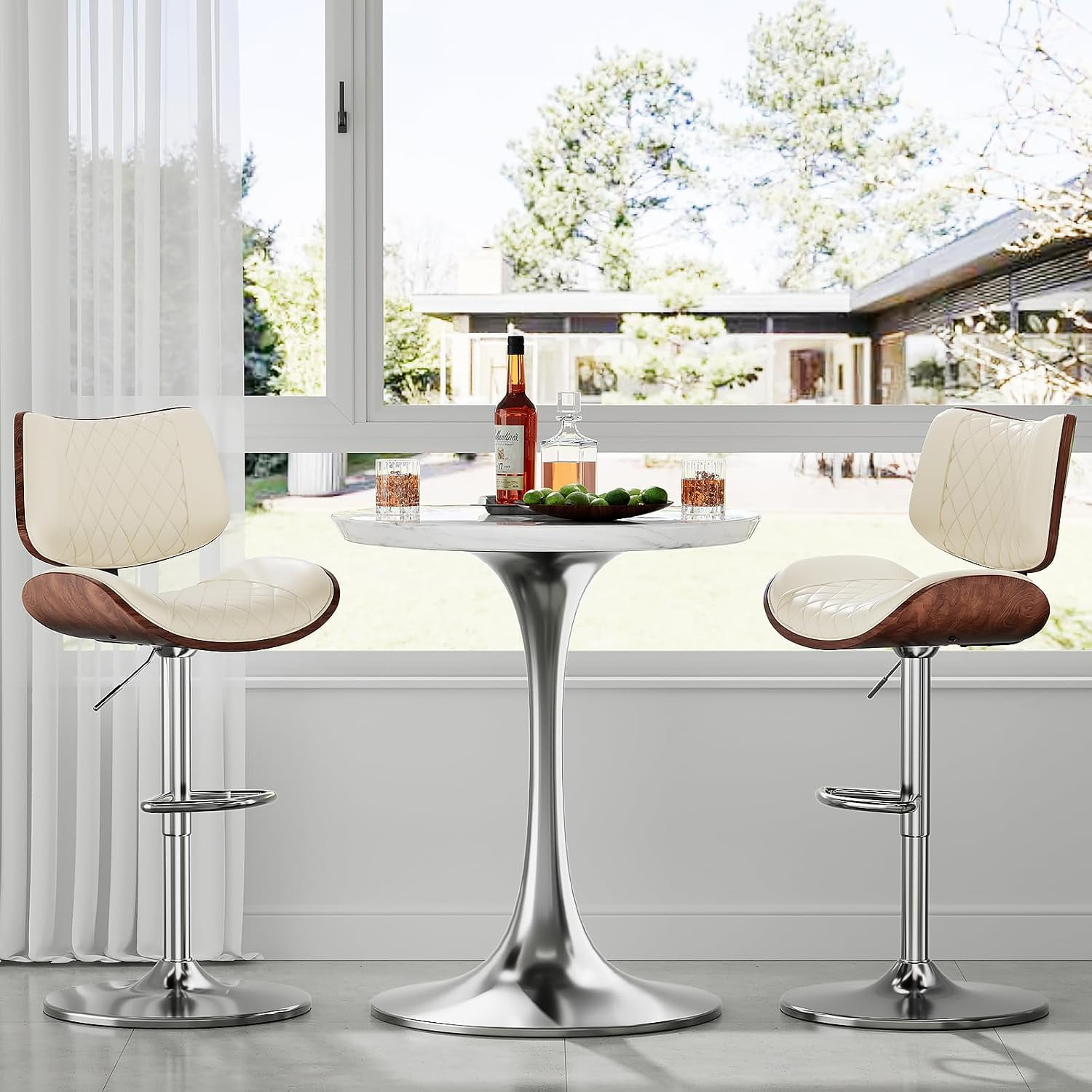 Counter Height Bar Stools Set of 2, Mid-Century Modern Faux PU Leather Swivel Bar Stools with Backrest for Kitchen Island, Beige