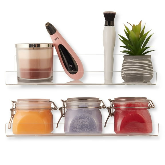 Clear Acrylic Floating Wall Shelves, 2-Pack 15-Inch Bookshelf for Kids, 5mm Acrylic Rack for Kitchen, Shower, or Nursery. Spice Rack, Display Organizer & Bathroom Storage (Clear)