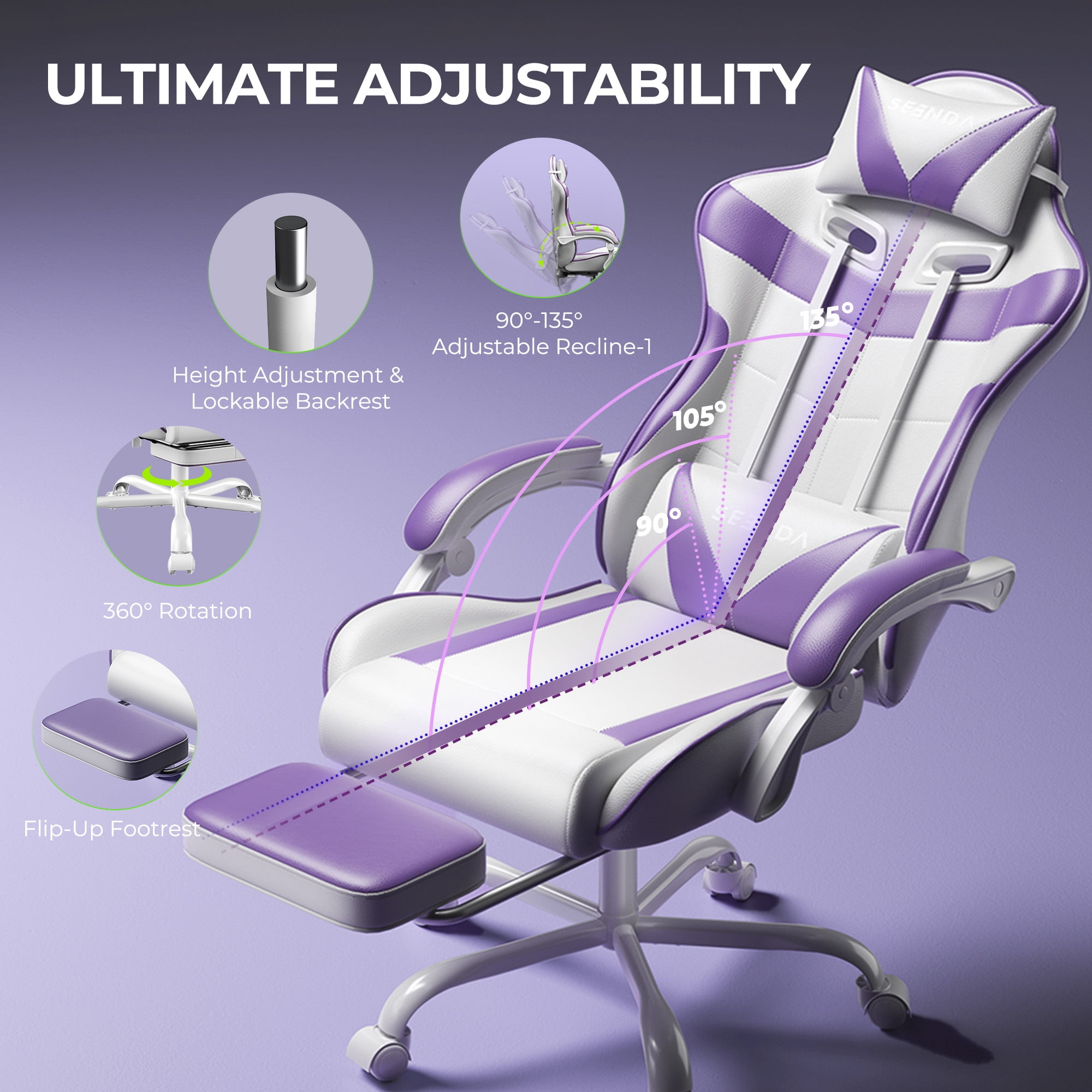Gaming Chair, Seenda Video Game Chair with Footrest and Lumbar Support, Ergonomic Computer Chair Height Adjustable with Swivel Seat and Headrest