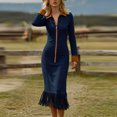 thumbnail image 5 of ZQUUVOU Women's Bodycon Midaxi Gown V Neck Long Sleeve Zipper Front Fringe Hem Side Slit Dress for Evening Party Navy, 5 of 8