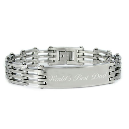 Stainless Steel 8.25 inch World's Best Dad Engraved Link ID Bracelet