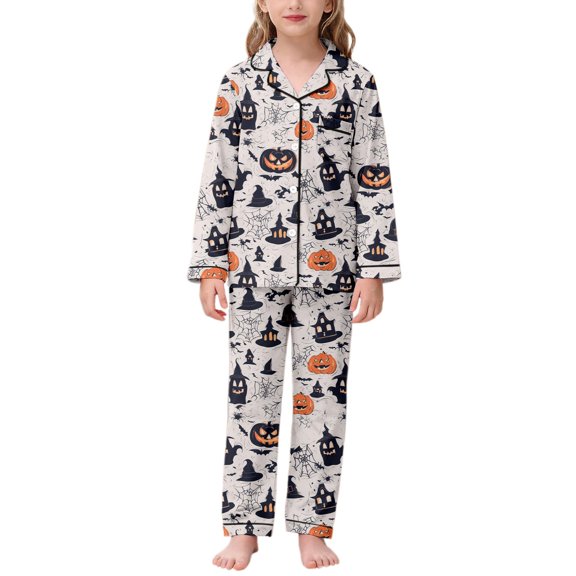 SJLDQY Halloween Pajamas for Girl Set Button Down Long Sleeve Shirts Pants 2 Piece Pj Set Fall Winter Sleepwear Cozy Soft Loungewear