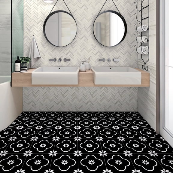 Lxcreat Peel and Stick Floor Tile 12-in x 12-in 10Pcs Black Flower Vinyl Flooring, Self Adhesive Easy to Install Floor Tile for Update Bathroom, Kitchen, Laundry Room