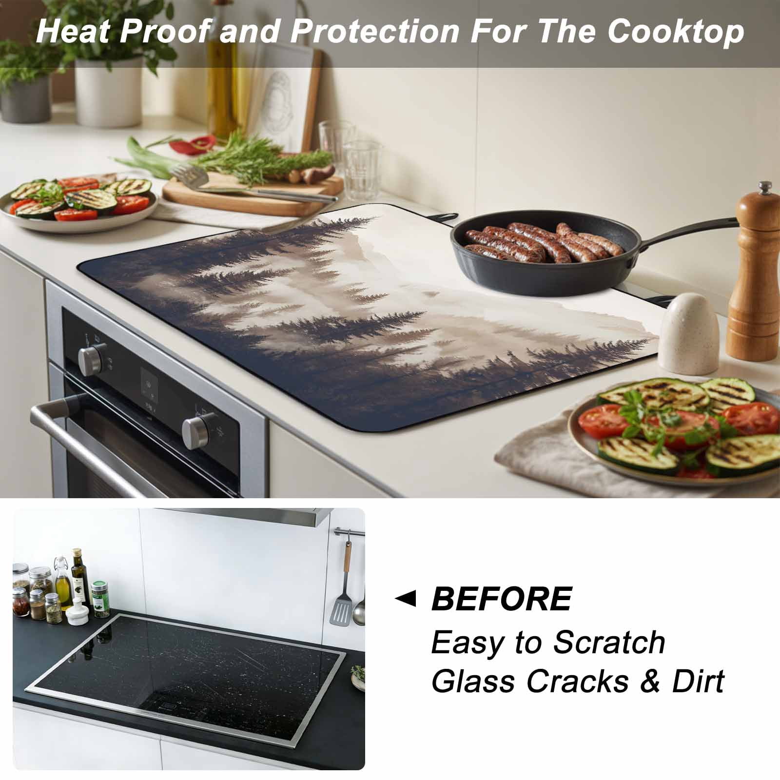 Black Forest Stove Top Cover for Electric Stove, Heat-proof & Non Slip Glass Top Stove Cover Protector, Silhouettes Foggy Grey Pine Tree Cabin Kitchen Flat Cooktop Rubber Mat 24x21 Inches