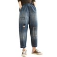 thumbnail image 3 of Women's Embroidered High Waisted Capri Jeans Elastic Waist Denim Pants Bohemian Style Summer Casual Comfort Fit Artistic Design Beige L, 3 of 6