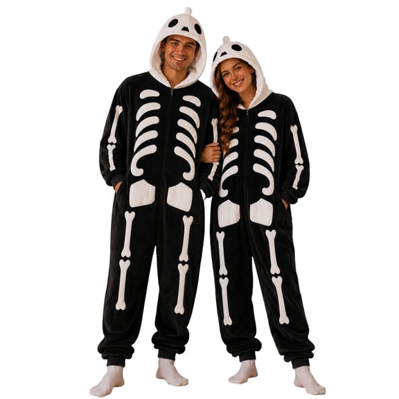 BOOMNY Halloween Unisex Men Womens Flannel Onesie Pajamas Hallowmas Skeleton Graphic Long Sleeve Hooded Pjs Jumpsuit Cozy Warm Loungewear Homewear