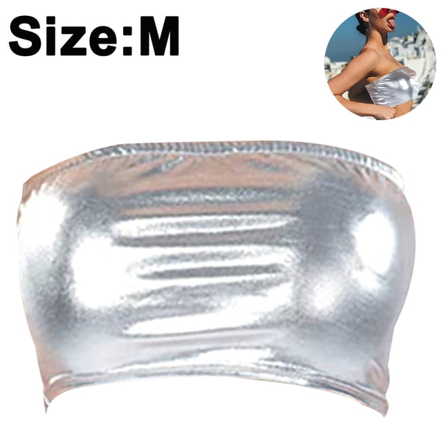 Traje de escenario con top de tubo sin tirantes brillante para mujer, traje de actuación con parte superior de tubo de color sólido de charol con pecho envuelto