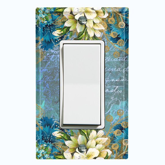 Metal Light Switch Plate Cover Elegant Floral Nature Scripture Damask Teal FLW083