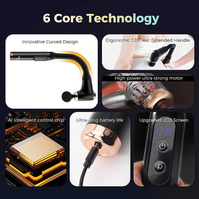 930 Black Bendable Fascia Gun, Deep Tissue Massage Gun with 6 Speeds & 4 Massage Heads, Rechargeable Muscle Massager for Back, Neck, Shoulder, Leg Pain Relief