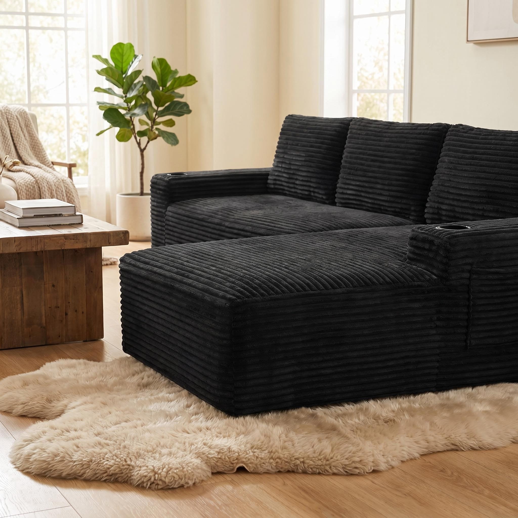 AISWORD 104.3" L-Shaped Modular Sectional Sofa, Corduroy 4-Seater Cloud Couch with Cup Holders & Side Pockets, Boneless Upholstered Sofa, No Assembly, Black, Right-Facing Chaise
