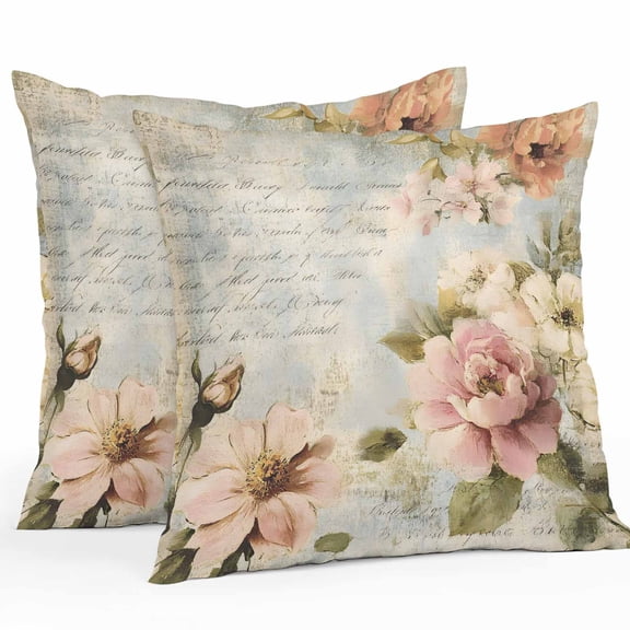 Farmhouse Pink Floral Throw Pillow Covers 18x18 Inch Set of 2, Spring Vintage Botanical Flowers Waterproof Outdoor Pillow Covers, Decorative Cushion Pillowcases for Couch, Sofa, Bed, Garden, Patio