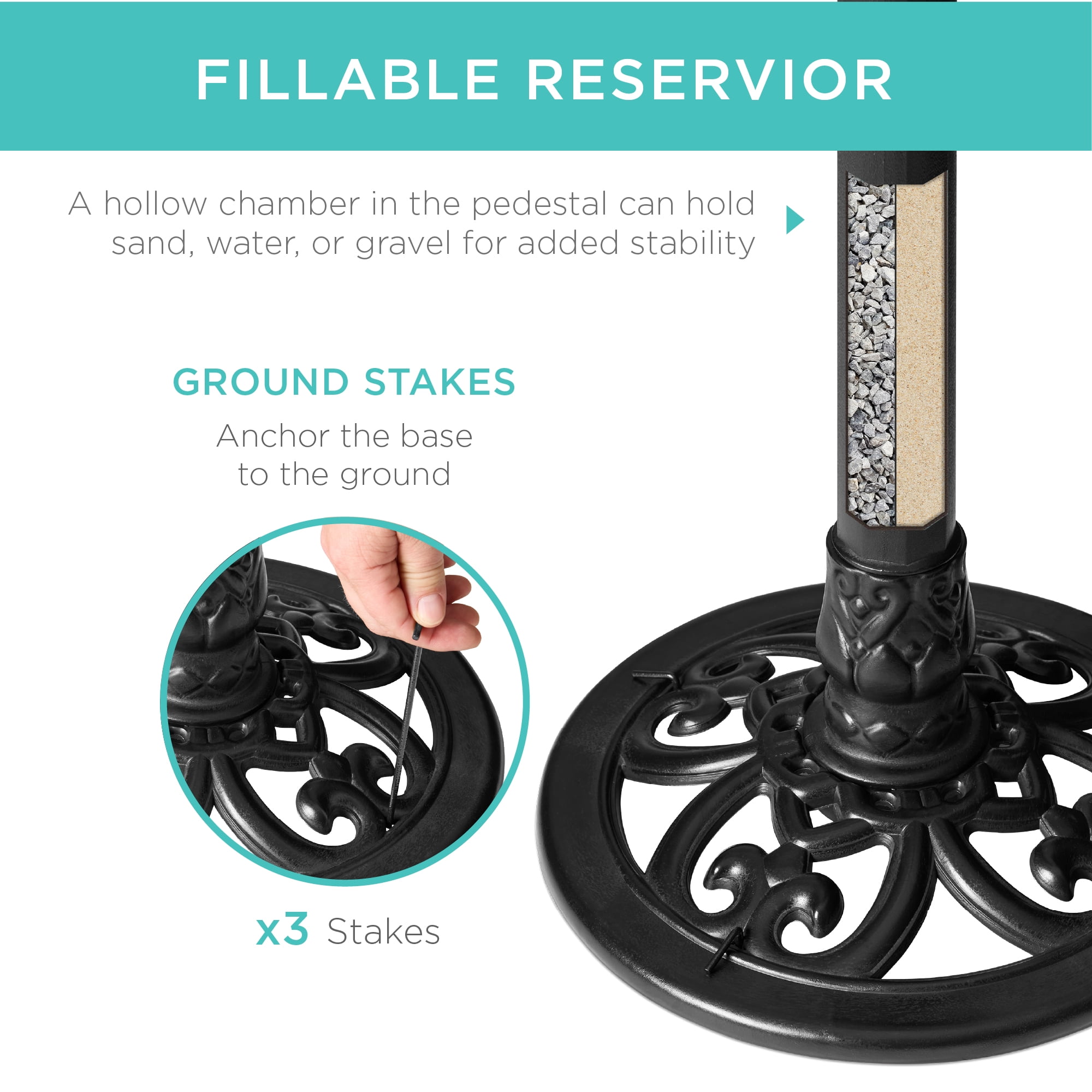 Best Choice Products Outdoor Rustic Pedestal Bird Bath Accent for Garden, Yard w/ Fleur-de-Lis Accents - Black