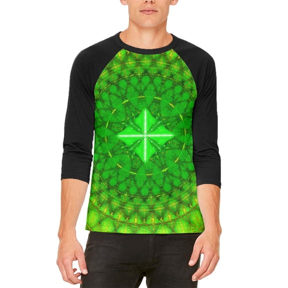 St Patrick's Day Shamrock Fractal Mandala Mens Raglan T Shirt White-Black X-LG