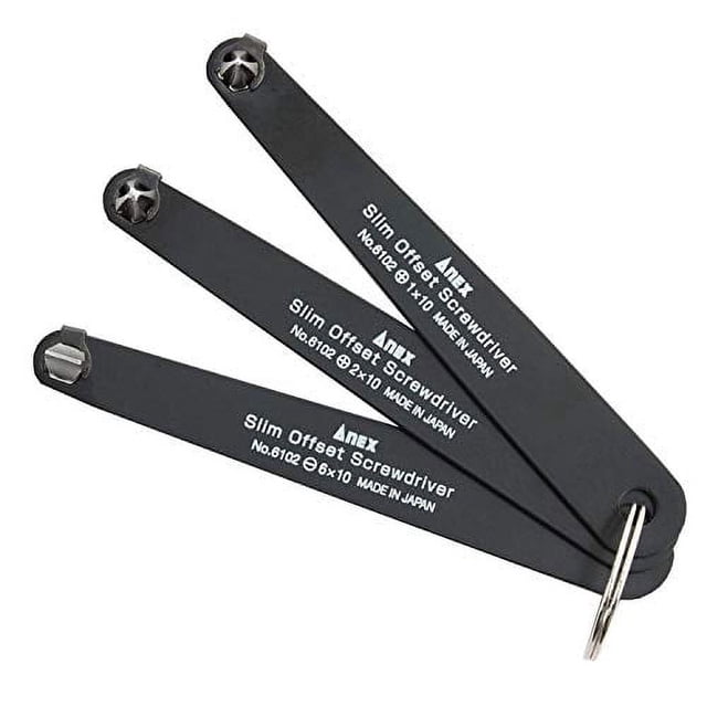 Juego de destornilladores de perfil bajo ANEX Ultra de 3 piezas, 90 grados, estilo recto para áreas estrechas, fabricado en Japón, color negro.