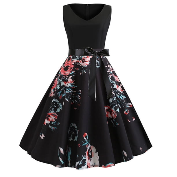 Vestido de columpio sexy sin mangas con cuello en V estampado vintage de moda para mujer Fridja hj4674