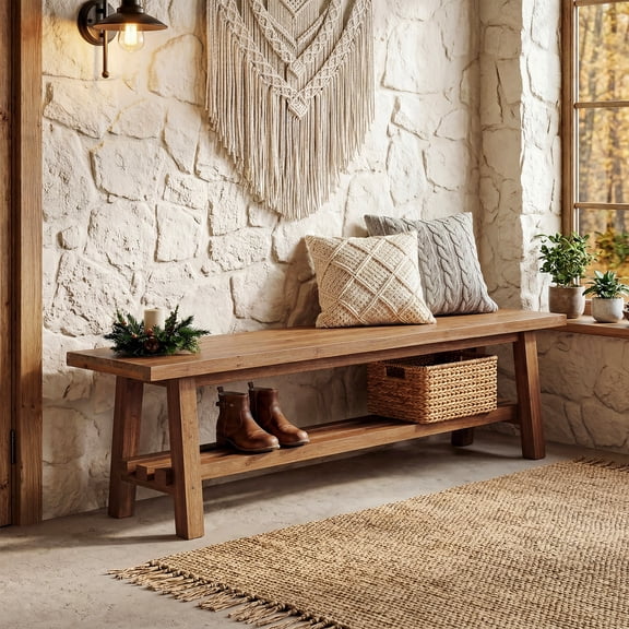 Tribesigns Solid Wood Farmhouse Wood Entryway Bench with Shelf, 55" Long 2-Tier Shoe Bench Living Room, Bedroom, Dining Room