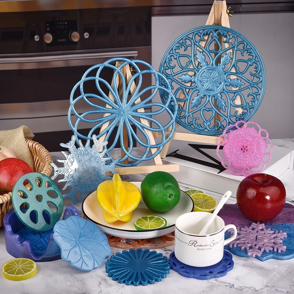 ABCISI Large Coaster Molds, 3 PCS Silicone Molds for Resin Casting,3D Mandala Flower Geode Tray Epoxy Molds Set, Round Coaster Epoxy Molds for Making Carved Hollow Cups Mats