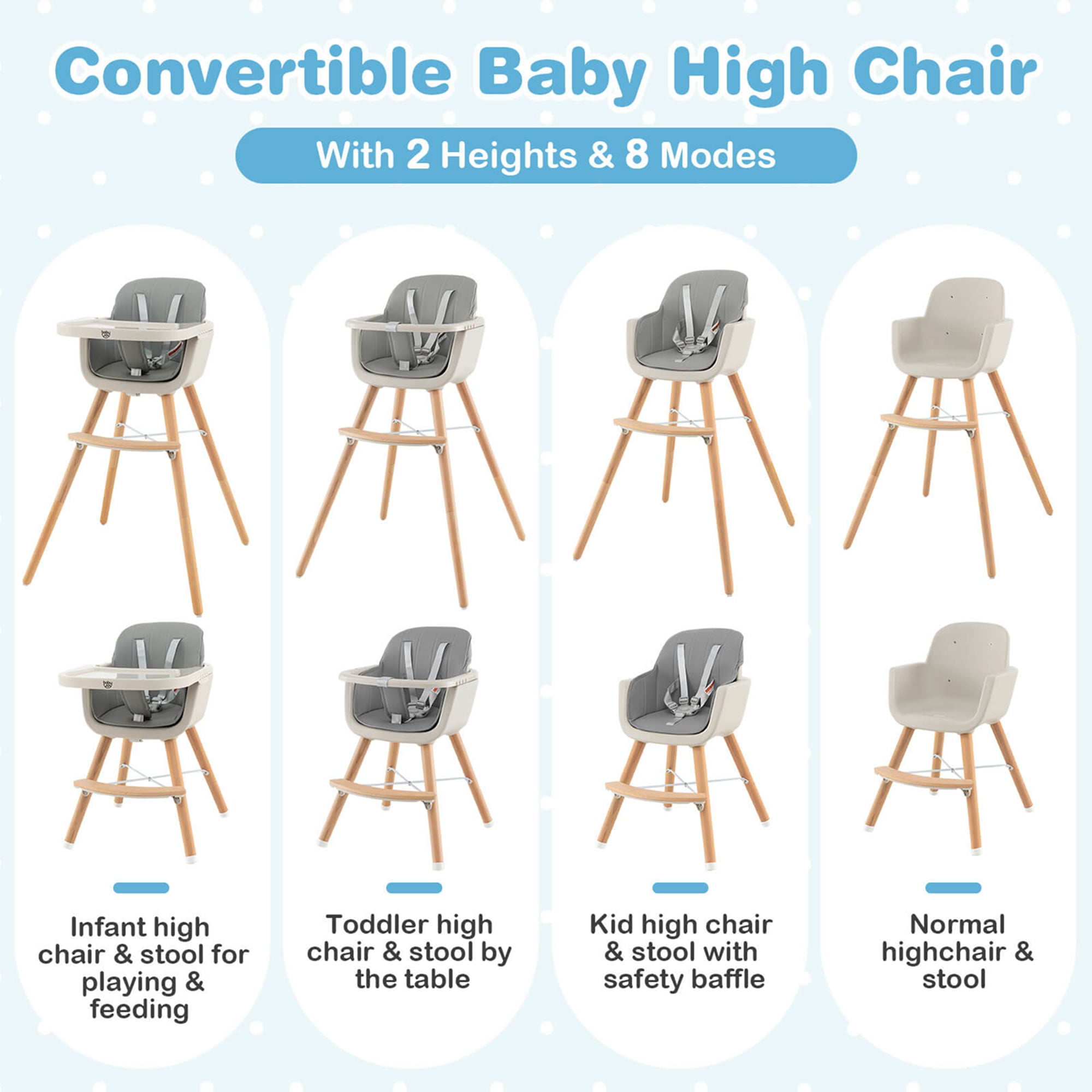Babyjoy 3 in 1 Convertible Wooden High Chair Toddler Feeding Chair with Cushion Gray
