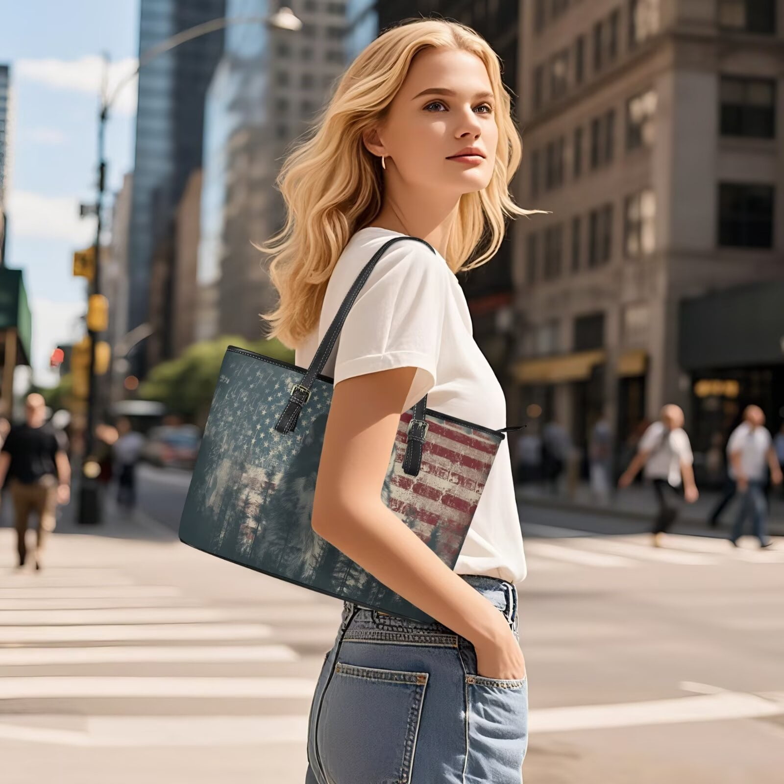 TSOVTHRID American Flag Wolf Forest Print Tote Bag Handbag with Wallet Set Hobo Shoulder Bag for Women Ladies 2 Pcs Leather Top Handle Handbag Purse with Matching Wallet