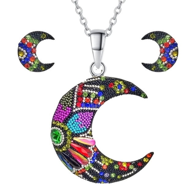 Juego de aretes y cadena con dije forma de Luna ZVEZDA plata mexicana ley .925 Negro