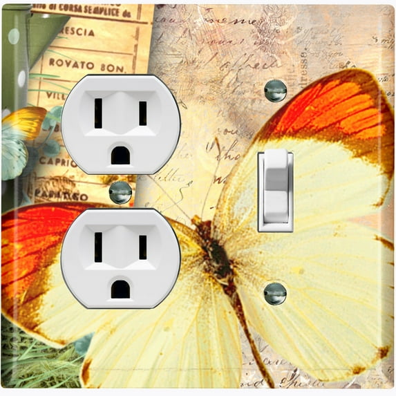 Metal Light Switch Plate Cover Nature Butterfly Scripture Damask Beige BUT034