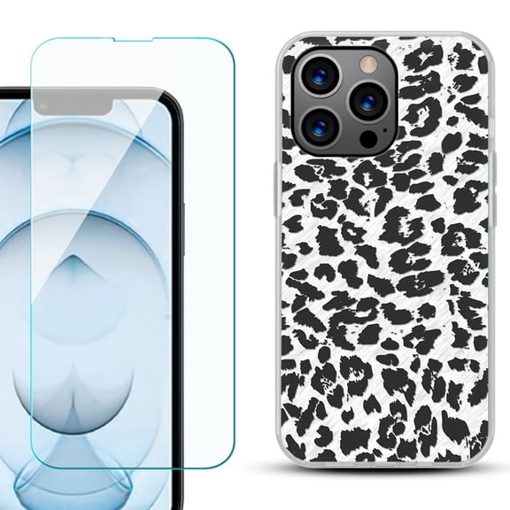 Slim-Fit Gel TPU Phone Case for iPhone 13 Pro Max, with Tempered Glass Screen Protector, by OneToughShield ® - Cheetah B/W