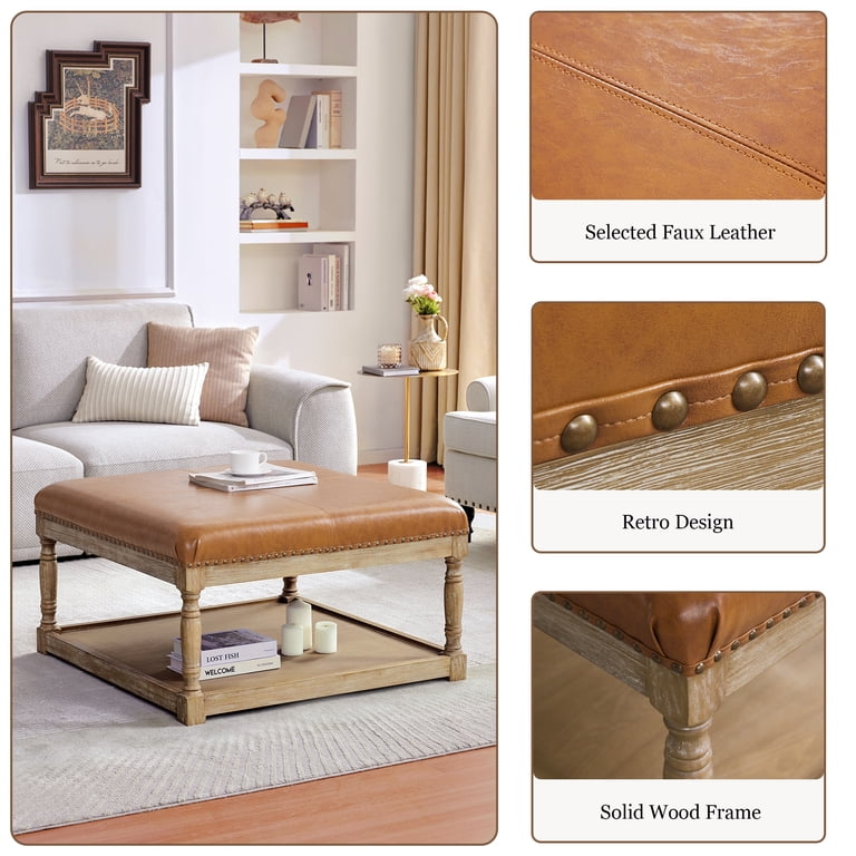 FriFurne Square Storage Ottoman – Tufted Upholstered Coffee Table Ottoman With Wheels, Large Footrest & Hidden Storage, Brown Faux Leather