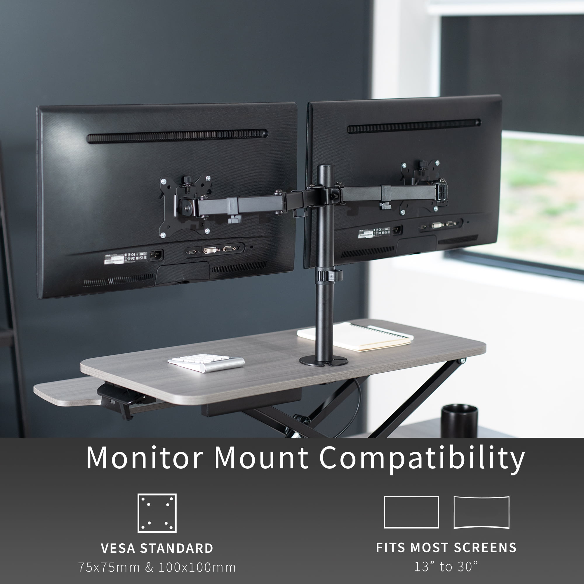VIVO Gray 32" Standing Desk Riser with Adjustable Dual 13" to 30" Monitor Mount