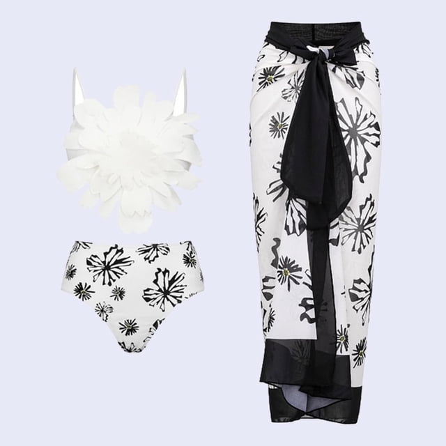 Maillot de Bain une Pièce pour Femmes avec Jupe de Plage, Paréo, Imprimé Floral Rétro, Ensemble Bikini Deux Pièces