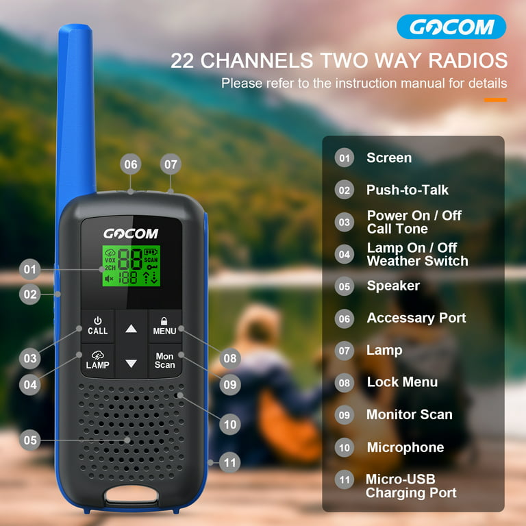 Walkie Talkies GOCOM G600 FRS Radio bidireccional para adultos, 2 W, Walkie  Talkie de largo alcance, recargable, VOX, NOAA y alertas meteorológicas