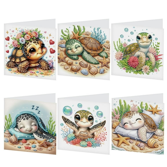 6 pcs Diamond Art Painted Greeting Card, Beach Turtle 5D DIY Special Shape Diamond Card Creative Gift, Christmas Thanksgiving Greeting Card Congratulation