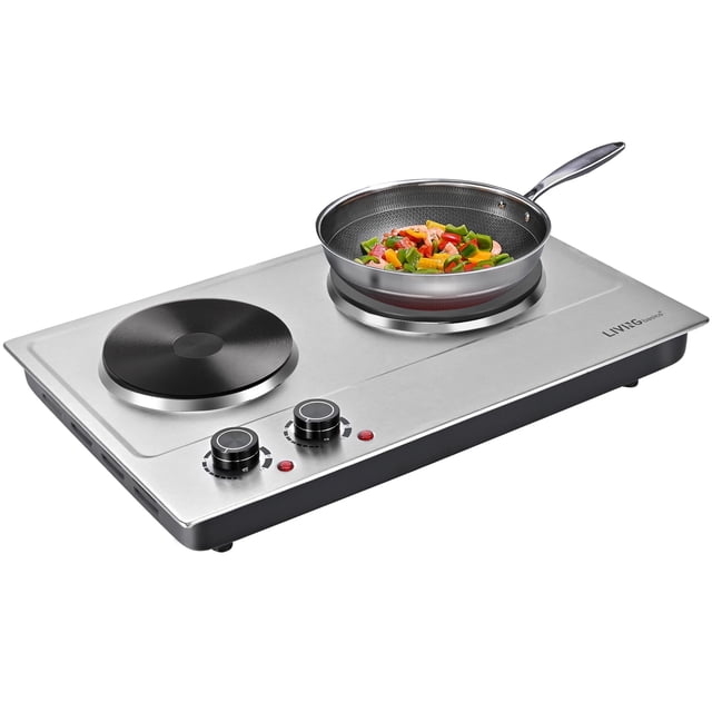 1800W Double Hot Plate, Electric Cooktop with Cast Iron Burners for All Types of Cookware, Built-in or Countertop Burner, Stainless Steel