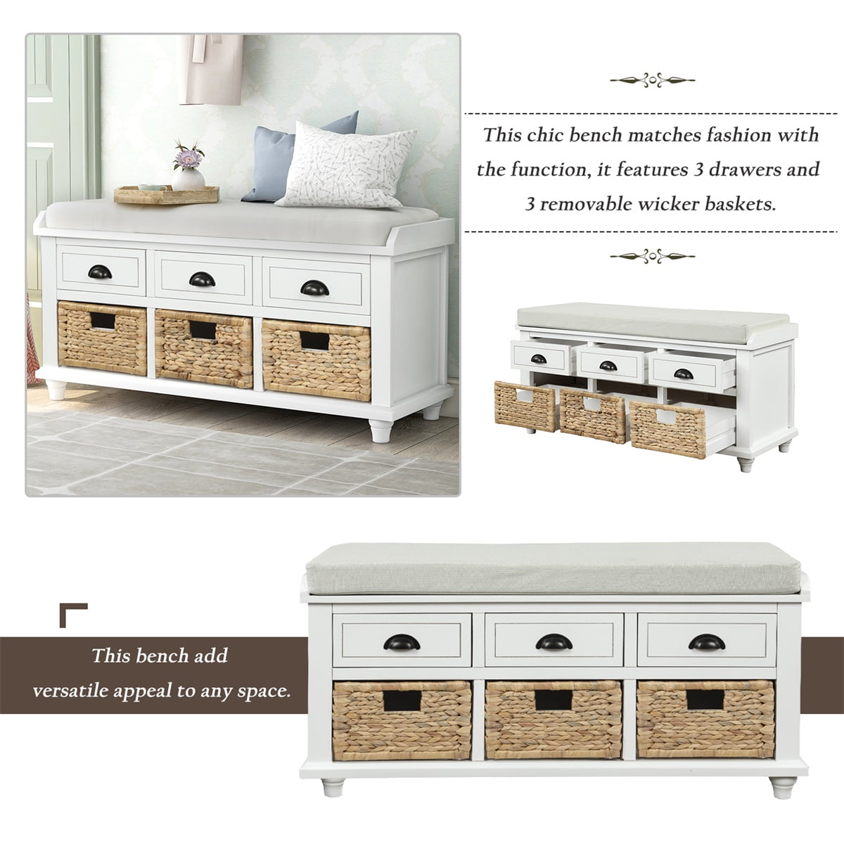 Rustic Storage Bench with 3 Drawers and 3 Rattan Baskets, Shoe Bench with Removable Cushion